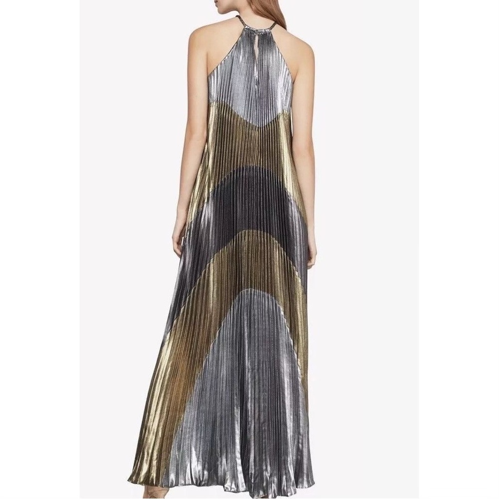 BCBGMAXAZRIA Metallic Silver Gold Colorblocked Pleated Gown XS NWT - Picture 3 of 16